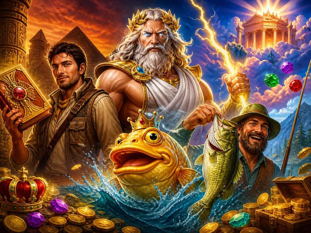 Premium artwork featuring dynamic slot game characters and vibrant fantasy worlds.